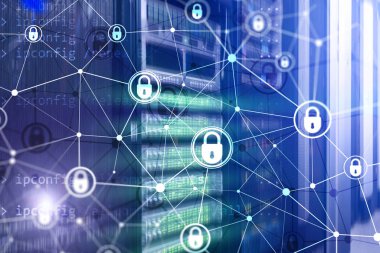 Siber güvenlik, bilgi gizliliği, modern sunucu odası arka planında veri koruma kavramı. İnternet ve dijital teknoloji kavramı