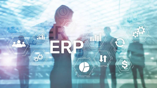 Sistema ERP, Planificación de recursos empresariales sobre fondo borroso. Concepto de automatización e innovación empresarial —  Fotos de Stock