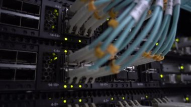 Takılı ethernet kabloları ile modern internet ağ anahtarının yakın çekim görünümü