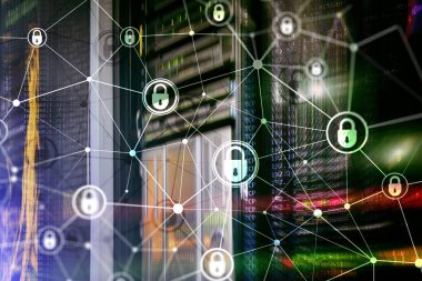 Siber güvenlik, bilgi gizliliği, modern sunucu odası arka planında veri koruma kavramı. İnternet ve dijital teknoloji kavramı