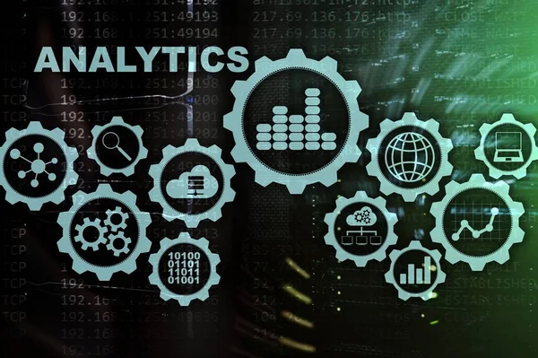 Technology Analytics concept on virtual screen. Big data with graph icons on a digital screen interface and a server room background. — Stock Photo, Image