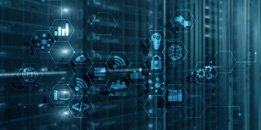 Şeyler bilgi ve telekomünikasyon teknolojisi dijital kavram internet. Çift pozlama simgeleri ve sunucu odası arka planı