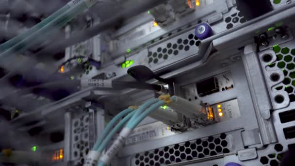 Rusya, Moskova - 27 Temmuz 2019. Makro Blink Server Kablosunu Kapatın. Veri merkezi rafı. video gürültü içerir. Editoryal — Stok video