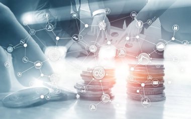 Sanal ekranda Endüstriyel iş süreci iş akışı organizasyon yapısı. Oins ve Megapolis arka planda IoT teknolojisi akıllı sanayi kavramı