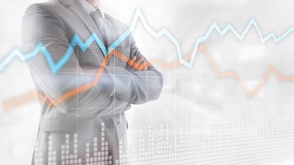 Business Financial Trading Investment Konzept Graphen virtuellen Bildschirm Doppelbelichtung. — Stockfoto