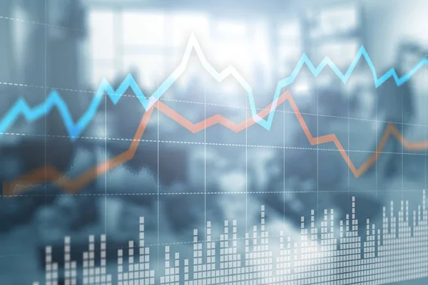 El concepto de inversión comercial en la pantalla virtual en la oficina borrosa. Cuadro de existencias — Foto de Stock