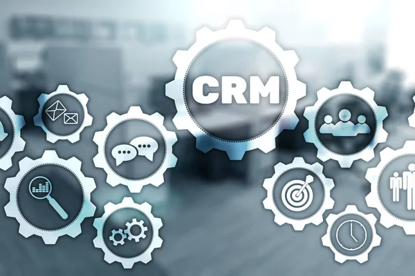 CRM Customer Management Analysis Service Concept. Graphics on blurred office background.