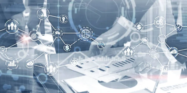 Diagrama virtual de negocios futuristas en la industria. Comprar concepto de comunicación —  Fotos de Stock