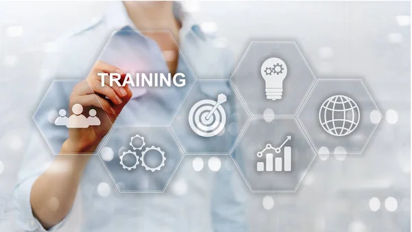 Conceito de formação profissional. Webinar de treinamento E-learning. Conceito de tecnologia financeira e comunicação. — Fotografia de Stock