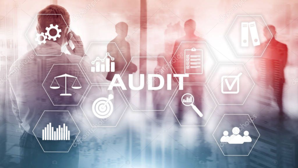 Audit business and finance concept. nalysis Annual Financial Statements, Analyze return on investment. Mixed media abstract background.