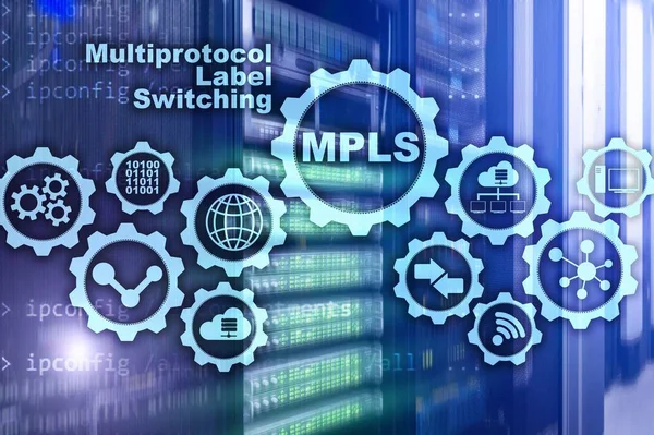 MPLS。マルチプロトコルラベル切り替え。通信ネットワークのルーティング仮想画面上の概念 — ストック写真