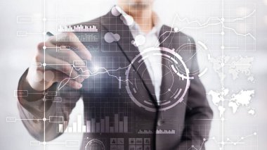 İş zekası BI Anahtar performans göstergesi KPI Analiz paneli şeffaf bulanık arkaplan.