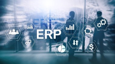 ERP sistemi, bulanık arka planda Atılgan kaynak planlaması. İş otomasyonu ve yenilik kavramı.