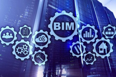 Bina Bilgileri Modelleme. Sanal ekranda sunucu veri merkezi arkaplanlı BIM