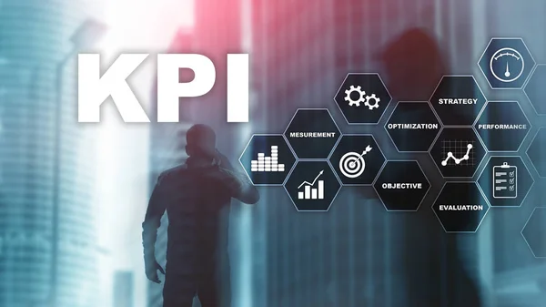KPI - Key Performance Indicator. Geschäfts- und Technologiekonzept. Mehrfachbelichtung, gemischte Medien. Finanzkonzept vor verschwommenem Hintergrund. — Stockfoto