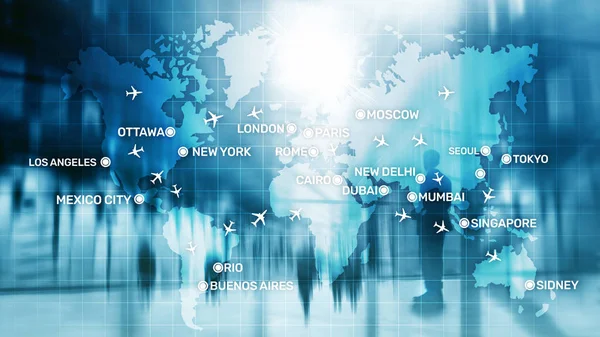 Global Aviation Abstract Background with planes and city names on a map. Business Travel Transportation concept
