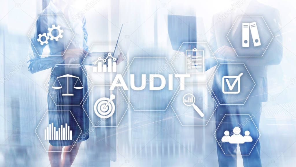 Audit business and finance concept. nalysis Annual Financial Statements, Analyze return on investment. Mixed media abstract background