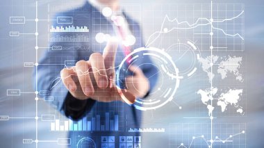 İş zekası BI Anahtar performans göstergesi KPI Analiz paneli şeffaf bulanık arkaplan.