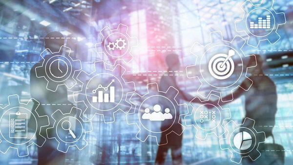 Концепция автоматизации бизнес-процессов. Передачи и иконки на абстрактном фоне
