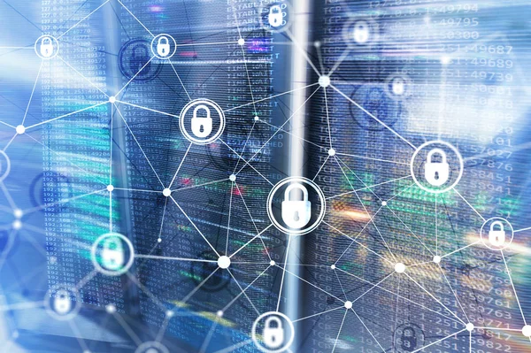 Cyber-Sicherheit, Datenschutz, Datenschutzkonzept auf modernem Serverraum-Hintergrund. Internet und digitales Technologiekonzept — Stockfoto