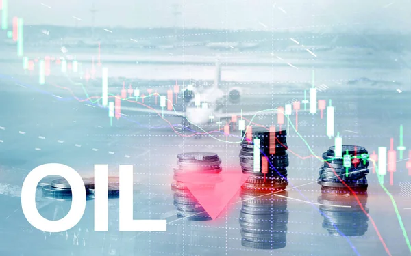 油价呈下降趋势。蜡烛图石油桶和抽象业务背景的财务图表。油价下跌。桶形箭头向下. — 图库照片