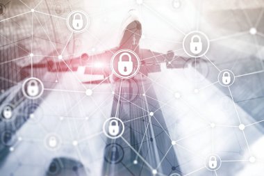 Siber güvenlik, bilgi gizliliği, modern sunucu odası arka planında veri koruma kavramı. İnternet ve dijital teknoloji kavramı