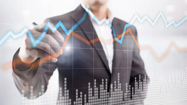 Business Financial Trading Investment Konzept Graphen virtuellen Bildschirm Doppelbelichtung. — Stockfoto