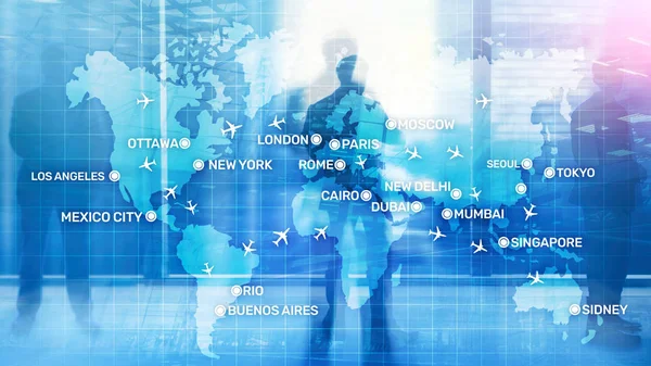 Global Aviation Resumen Antecedentes con planos y nombres de ciudades en un mapa. Concepto de transporte de viajes de negocios . — Foto de Stock