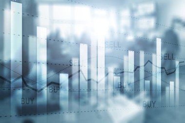 Sat ve Al. Bulanık ofis arka planı üzerinde finansal hisse senedi ticareti grafik grafiği diyagramı