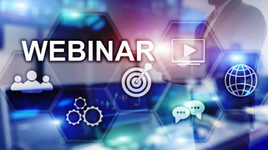 Webinar, kişisel gelişim ve e-öğrenme kavramı üzerinde bulanık arka plan.