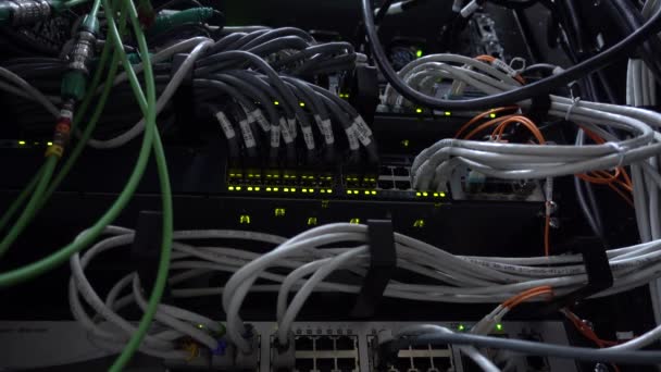 Migająca dioda LED działającego przełącznika Ethernet. Duży serwer. — Wideo stockowe