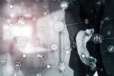 Bulanık ofiste iş süreç yapısı endüstriyel iş akışı diyagramı otomasyon yenilik konsepti.