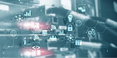 Şeyler bilgi ve telekomünikasyon teknolojisi dijital kavram internet. Çift pozlama simgeleri ve sunucu odası arka planı