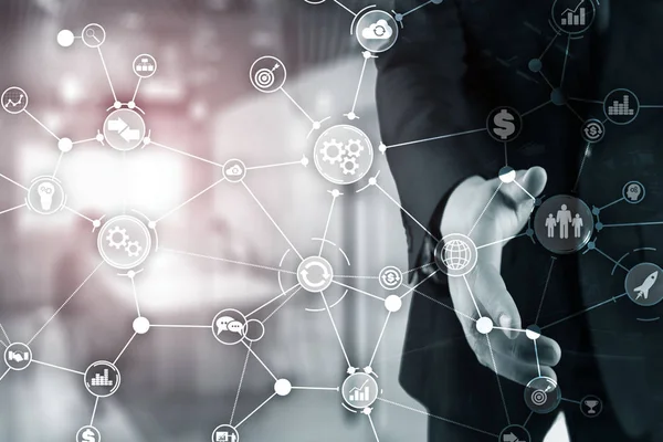 Bulanık ofiste iş süreç yapısı endüstriyel iş akışı diyagramı otomasyon yenilik konsepti.