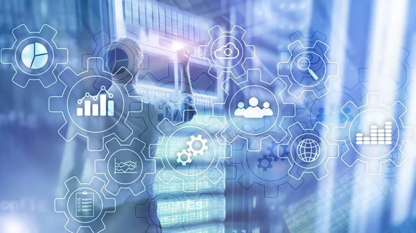 Geschäftsprozess abstraktes Diagramm mit Zahnrädern und Symbolen. Workflow- und Automatisierungstechnikkonzept — Stockfoto