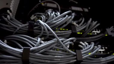 Komütatör. yanıp sönen ışıklar. Bilgisayarı büyük veri merkezindeki bir rafta sever.