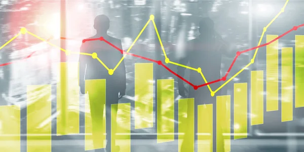 Candele e grafici gialli e rossi sullo sfondo della tecnologia aziendale . — Foto Stock