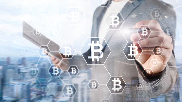 Bitcoin, Blockchain concept op server kamer achtergrond. — Stockfoto