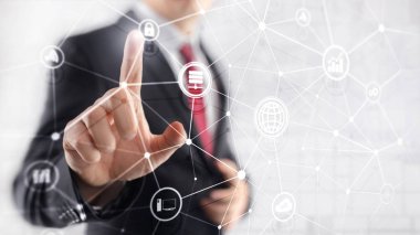ICT - bilgi ve telekomünikasyon teknolojisi ve çok - Internet şeyler kavramları. Sunucu odası arka simgeleri ile diyagramları