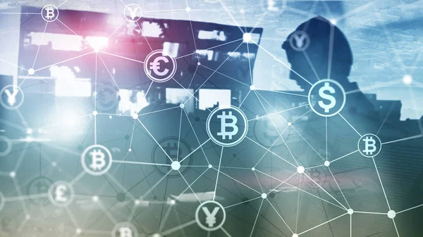 Double exposition Bitcoin et blockchain concept. Économie numérique et trading de devises — Photo