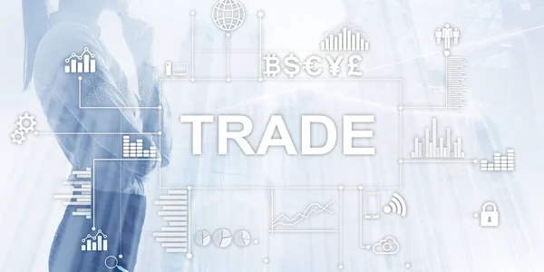 Concepto de negocio y tecnología. Inscripción en pantalla virtual: TRADE. Moneda iconos medios mixtos — Foto de Stock