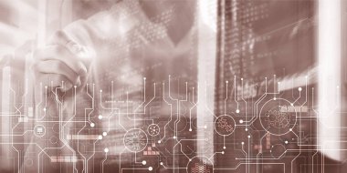 Şematik elektronik taslak sunucu odası bilgi iletişim teknolojisi arka plan. Şablon tasarım kopyalama alanı