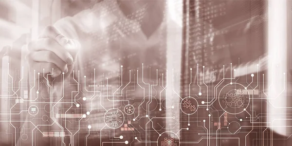 Şematik elektronik taslak sunucu odası bilgi iletişim teknolojisi arka plan. Şablon tasarım kopyalama alanı