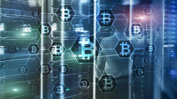 Bitcoin, 서버 룸 배경 Blockchain 개념. — 스톡 사진