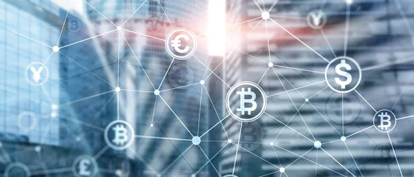 Διπλή έκθεση Bitcoin και blockchain έννοια. Ψηφιακή οικονομία και εμπορικών συναλλαγών νομίσματος — Φωτογραφία Αρχείου