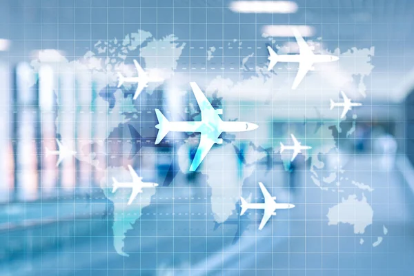 フライトルート飛行機と世界地図。グローバル航空ビジネスツーリズム。二重露出の背景 — ストック写真