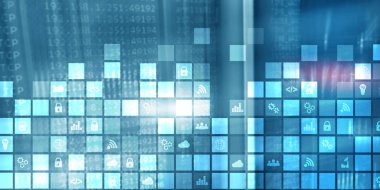 Dijital soyut arka plan pikselli simgeler modern sunucu odası bulanık. Teknoloji telekomünikasyon Iot şey kavramıinternet