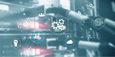 Gears simgesi iş süreci otomasyonu bağlanır. Sunucu odası soyut arka plan