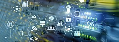 ICT - bilgi ve telekomünikasyon teknolojisi ve çok - Internet şeyler kavramları. Sunucu odası arka simgeleri ile diyagramları.