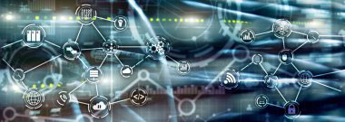 Universal Electronics Technology arka planı. Küresel iş Internet kavramı. Sunucu raf bulanık arka plan.